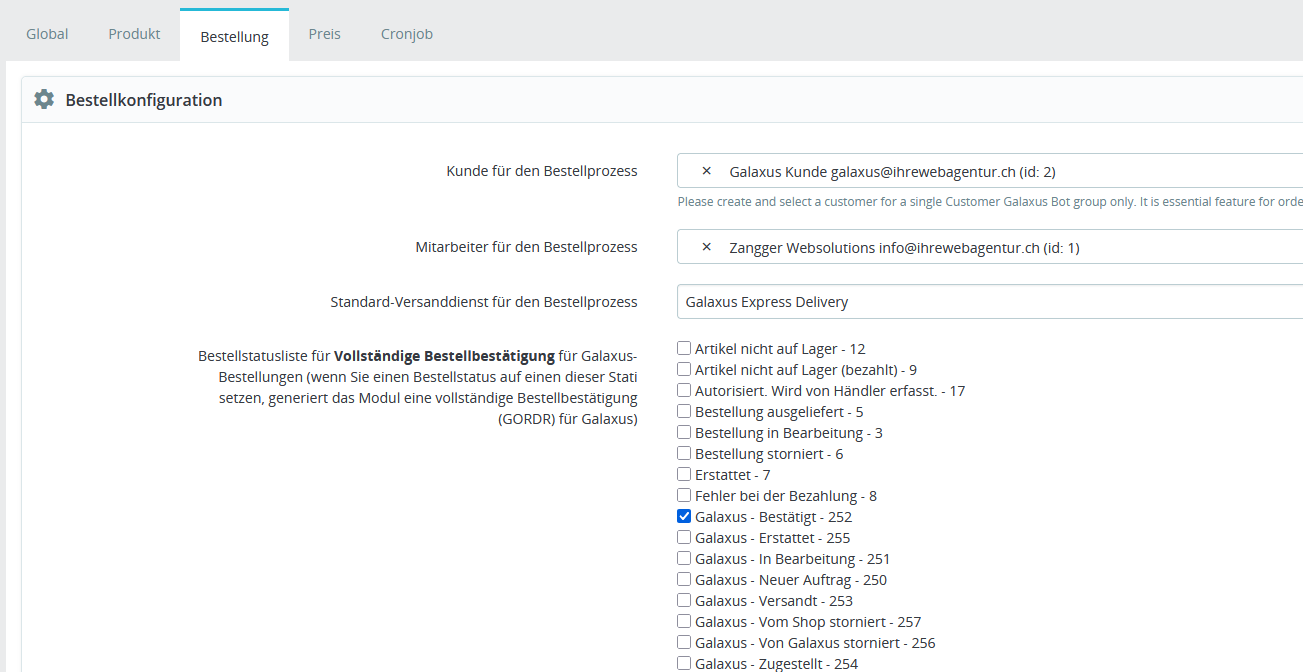 PrestaShop Galaxus Modulkonfiguration