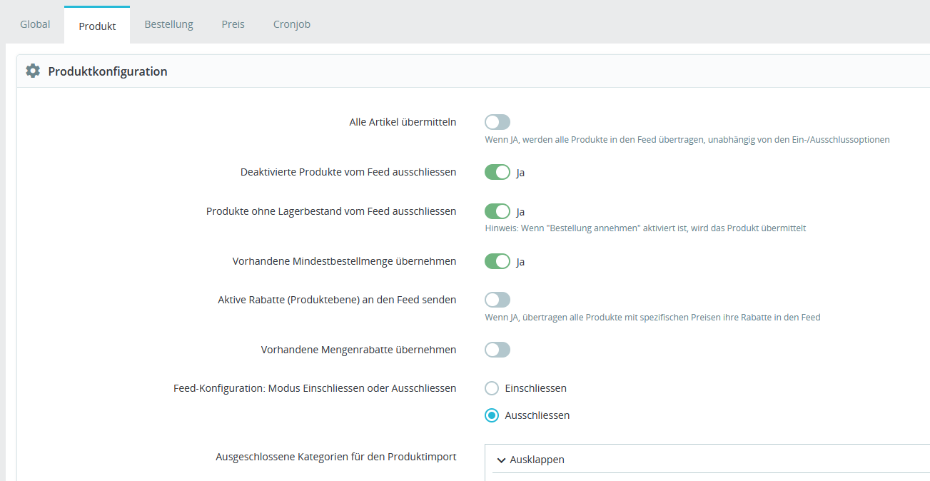 Produktauswahl f&uuml;r PrestaShop Galaxus Feed